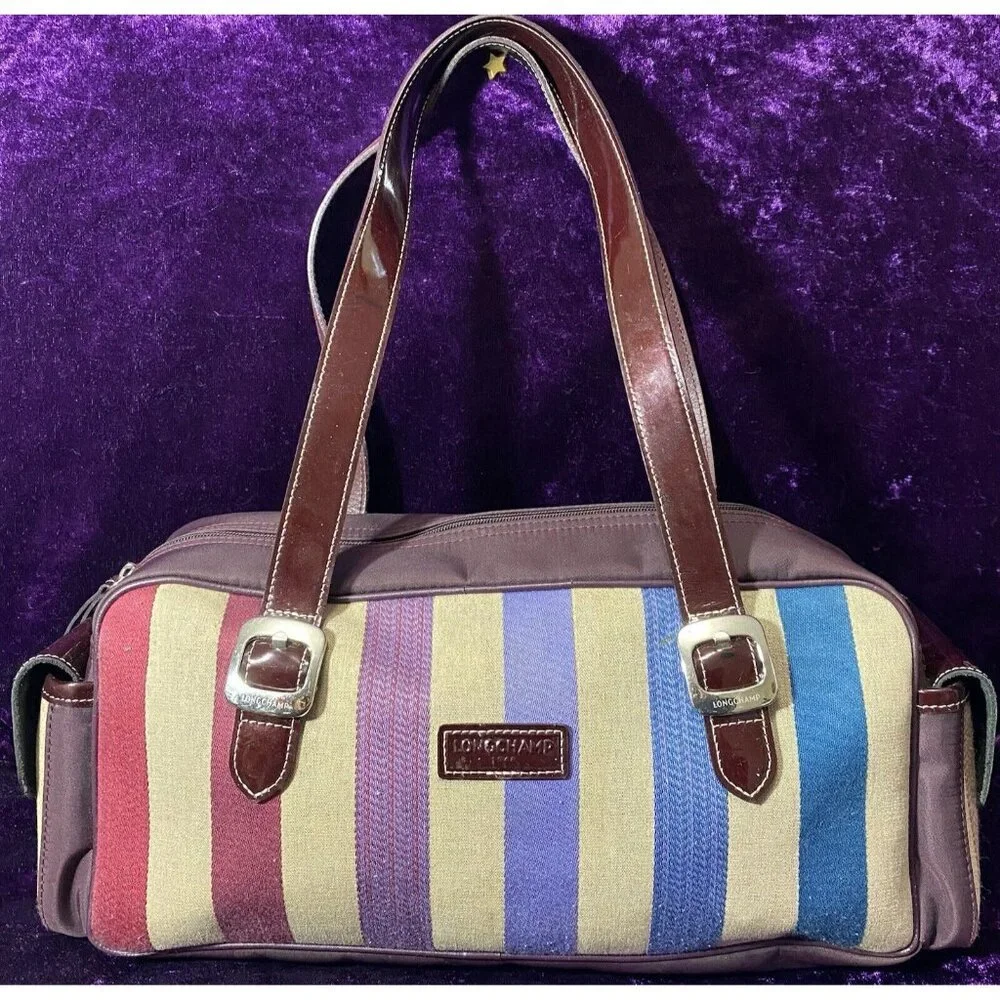 LONGCHAMP Shoulder Bag Pink Red Rainbow Stripe Leather Hobo